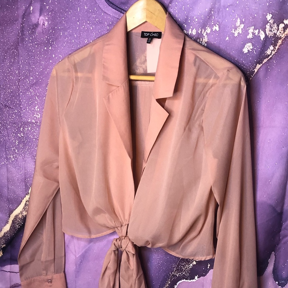 Sheer Coral Shimmering Front Tie Blouse